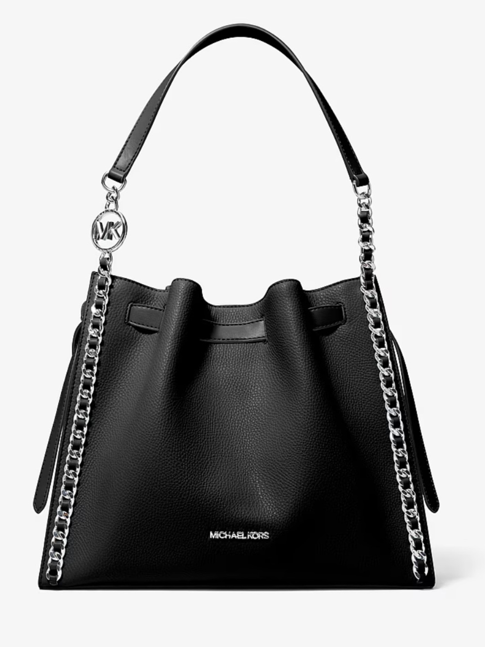 Michael Kors Mina Large Black Pebbled Leather Chain-Trim Shoulder Bag